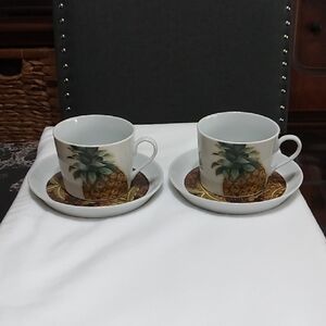 Tropical Pineapple Design Cups And Saucers Set Of 2